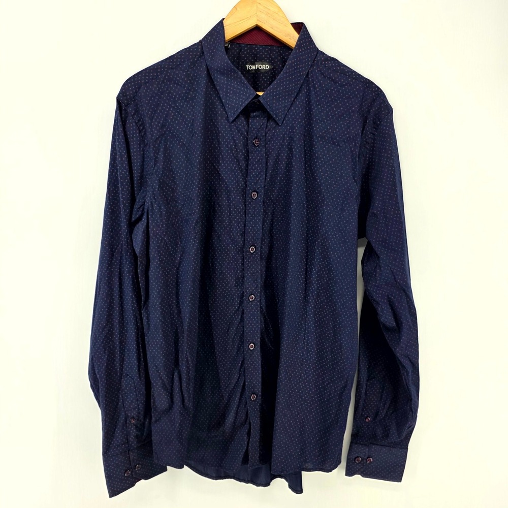 Tom Ford Button Down Shirt M 17.5 44 Navy Blue Micro Cross Pattern Italy Luxury